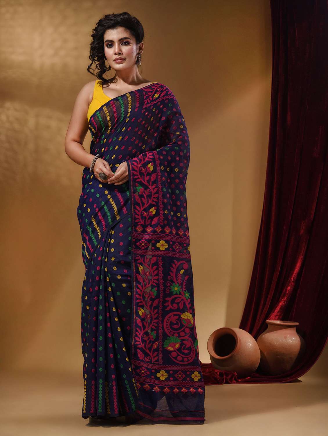 women's self design navy blue colored saree