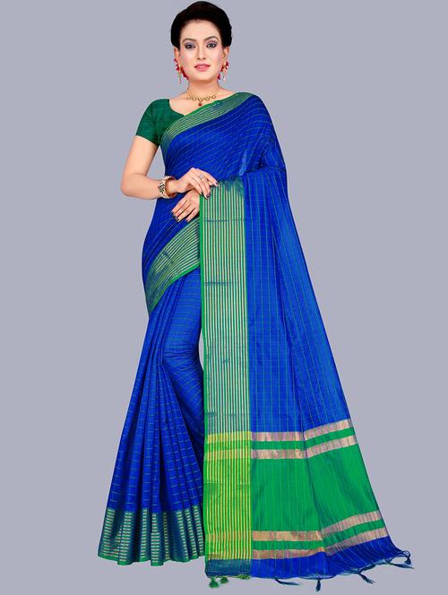 women's checks royal blue colored saree with blouse - 19866885 - Standard Image - 0