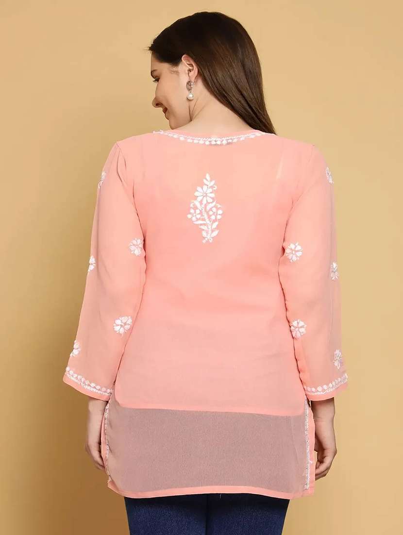 ada wome's hand embroidered peach georgette lucknowi chikankari straight kurti with slip - 19868559 -  Standard Image - 3