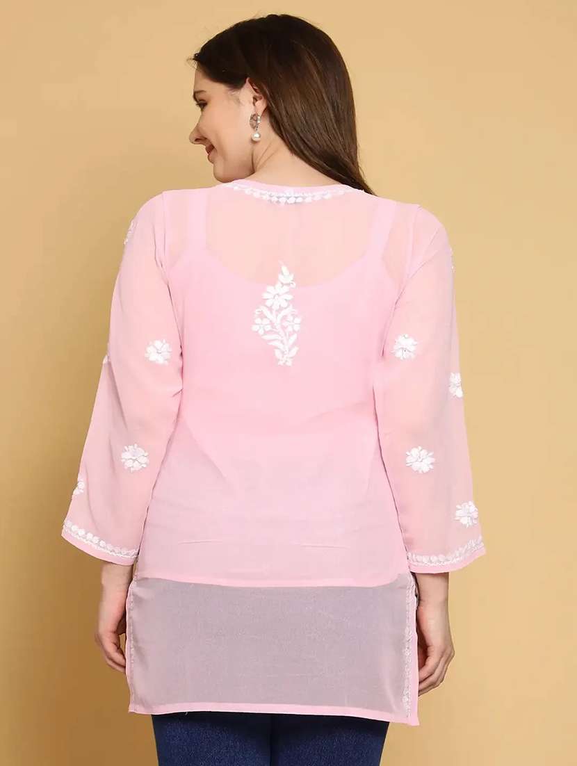 ada wome's hand embroidered pink georgette lucknowi chikankari straight kurti with slip - 19868560 -  Standard Image - 3