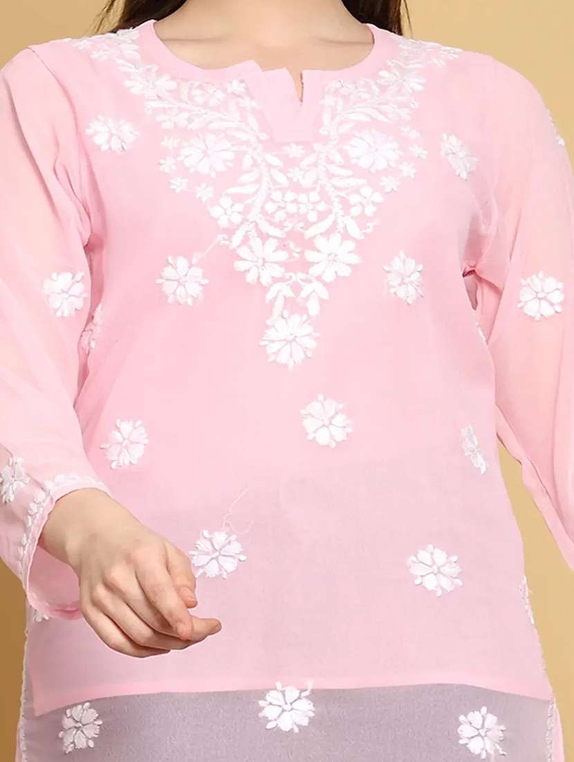 ada wome's hand embroidered pink georgette lucknowi chikankari straight kurti with slip - 19868560 -  Standard Image - 5