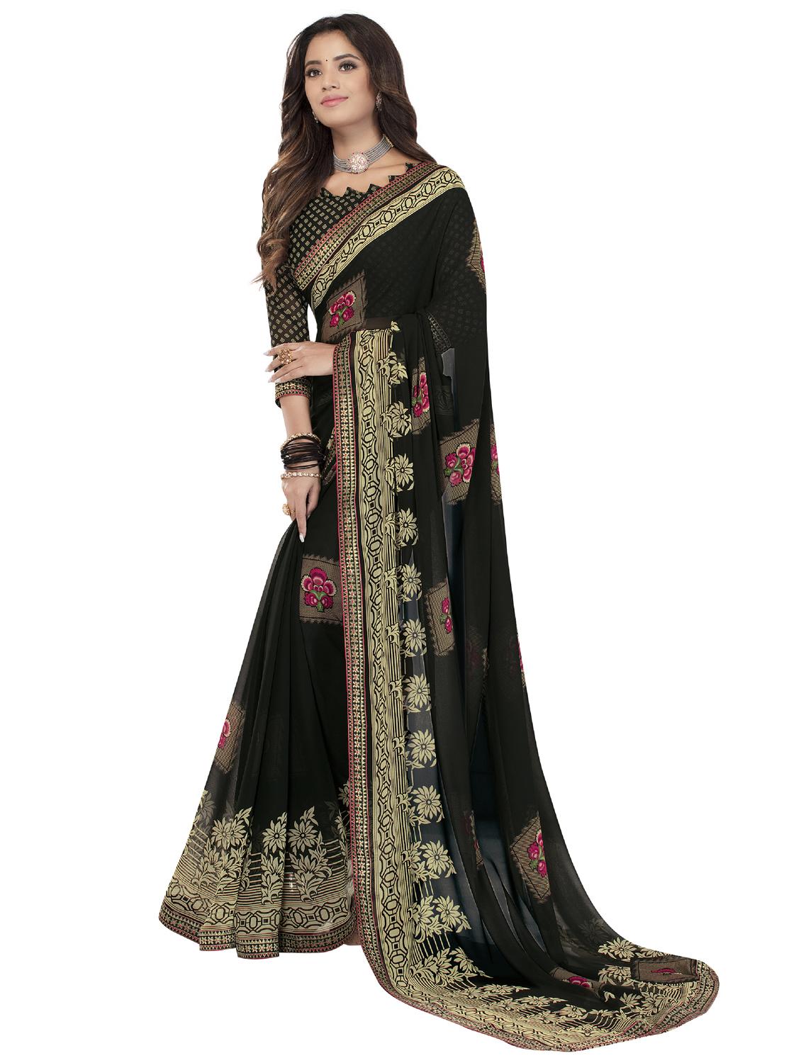 women's floral black colored saree with blouse - 19869006 - Zoom Image - 0