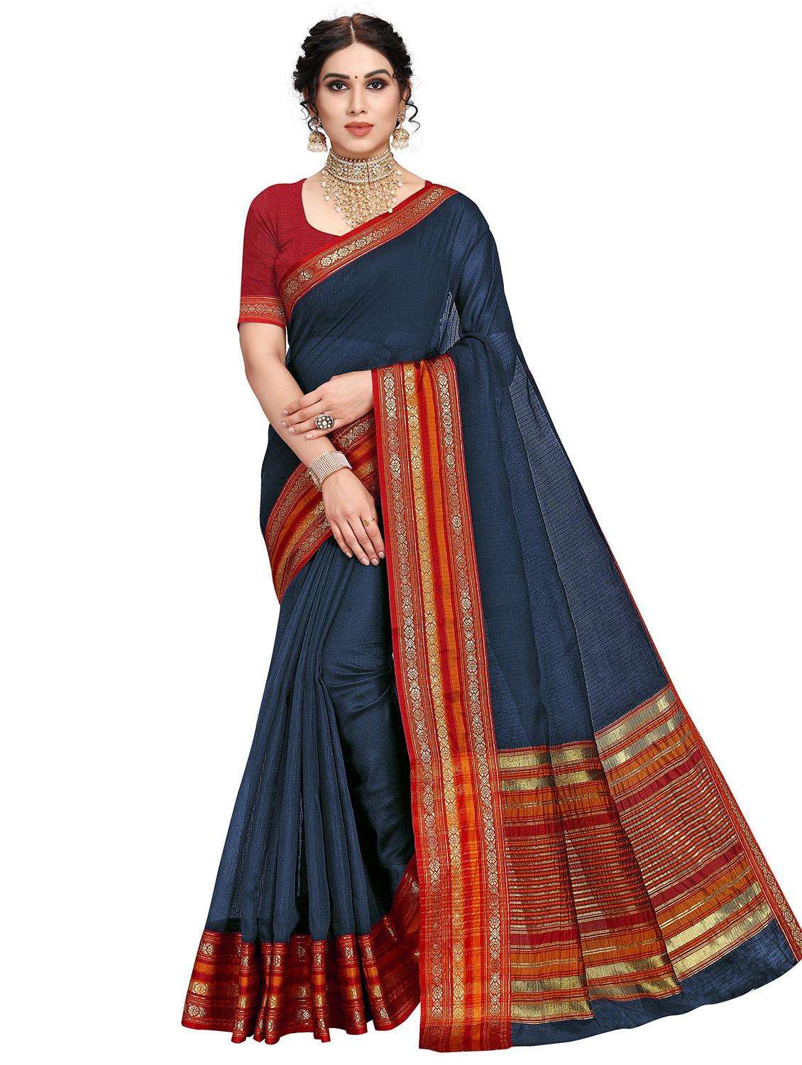 women's self design navy blue colored saree with blouse