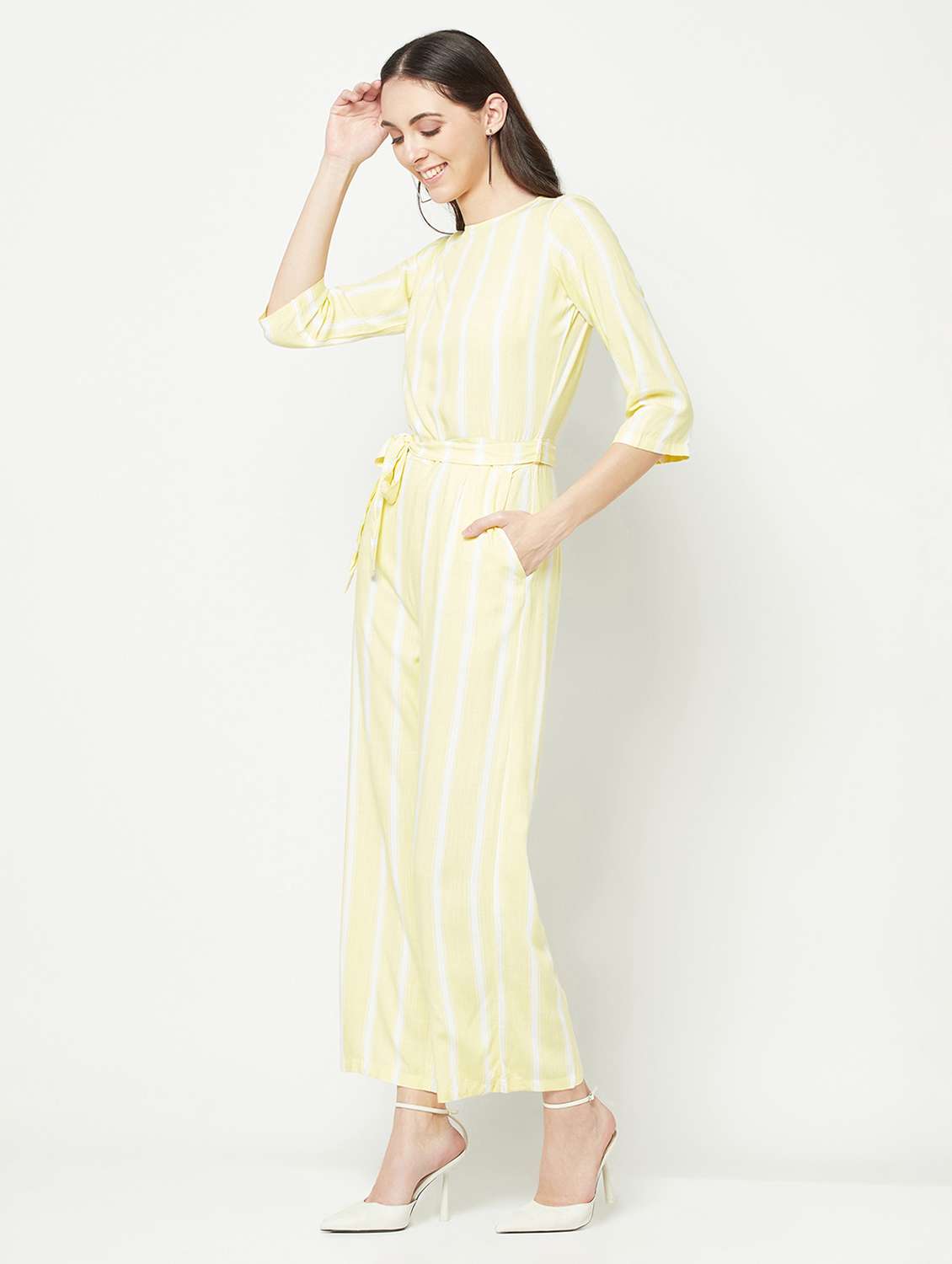 yellow striped crew neck full length jumpsuit - 19872939 -  Standard Image - 3
