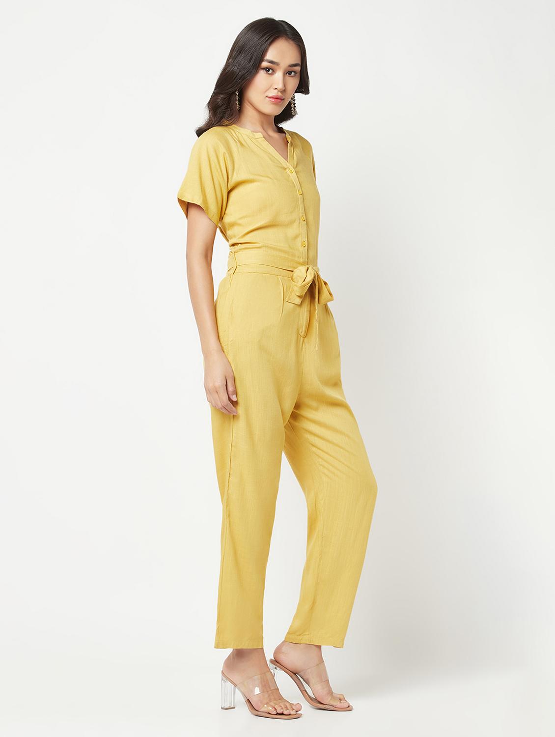 yellow solid mandarin neck full length jumpsuit - 19872940 - Standard Image - 3