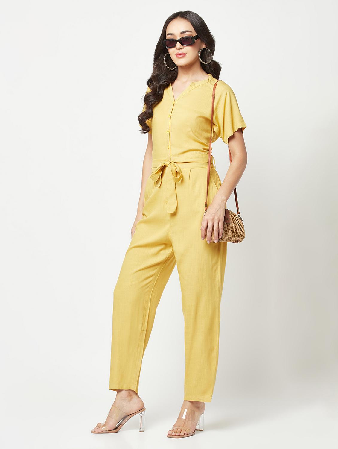 yellow solid mandarin neck full length jumpsuit - 19872940 - Standard Image - 5