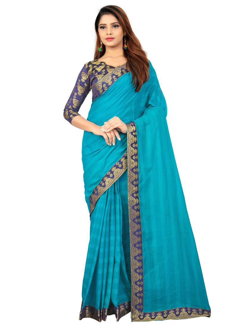 blue solid with border woven saree with blouse - 19875422 - Zoom Image - 0