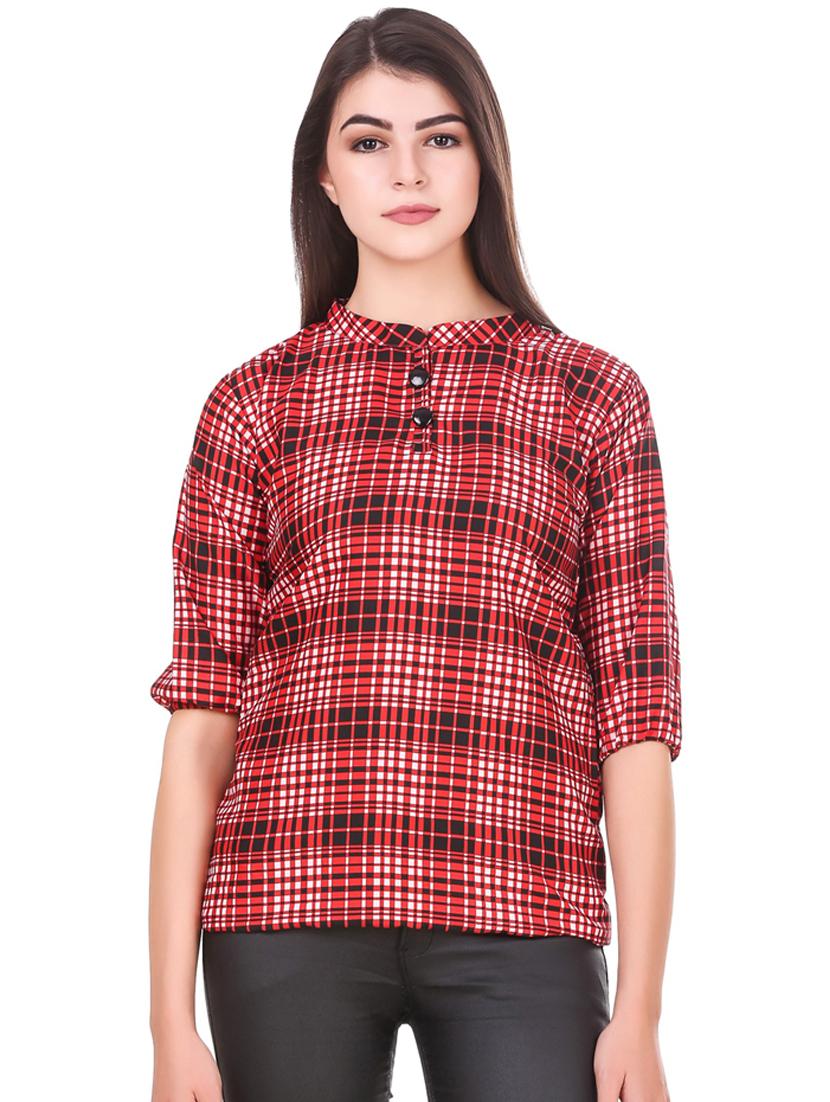 red check print mandarin neck regular top - 19875592 - Zoom Image - 0