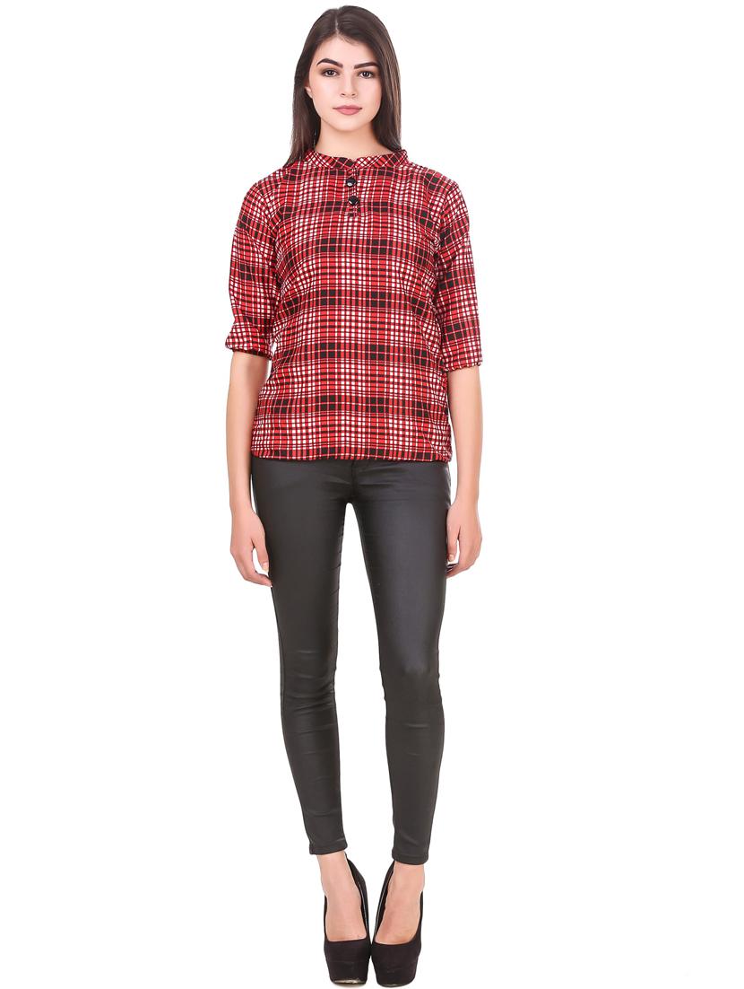 red check print mandarin neck regular top - 19875592 - Standard Image - 3