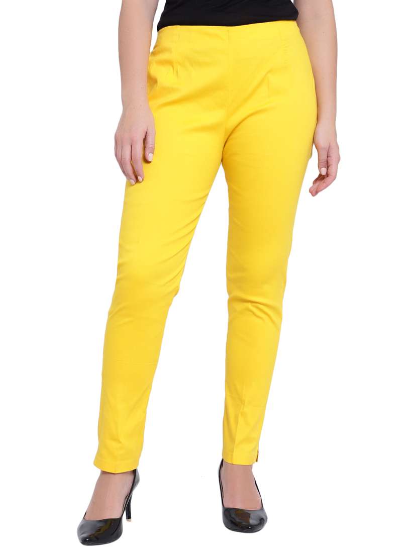 women solid yellow flat front trouser