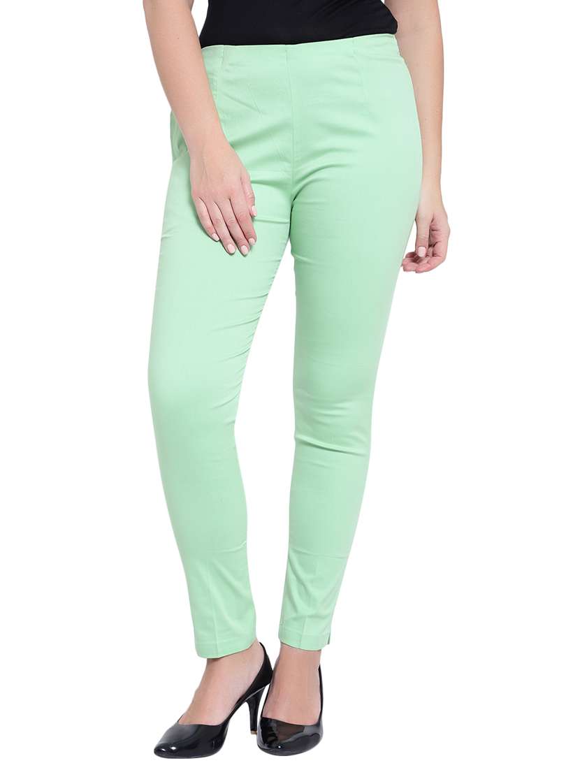 women solid green flat front trouser - 19876522 -  Zoom Image - 0