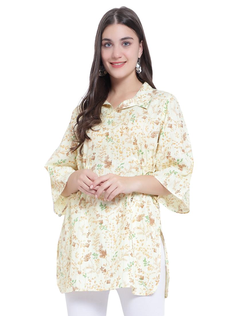 yellow floral print shirt collar regular tunic - 19876529 - Zoom Image - 0