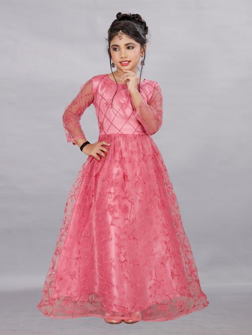 girls pink embroidered net party gown - 19877219 - Standard Image - 0