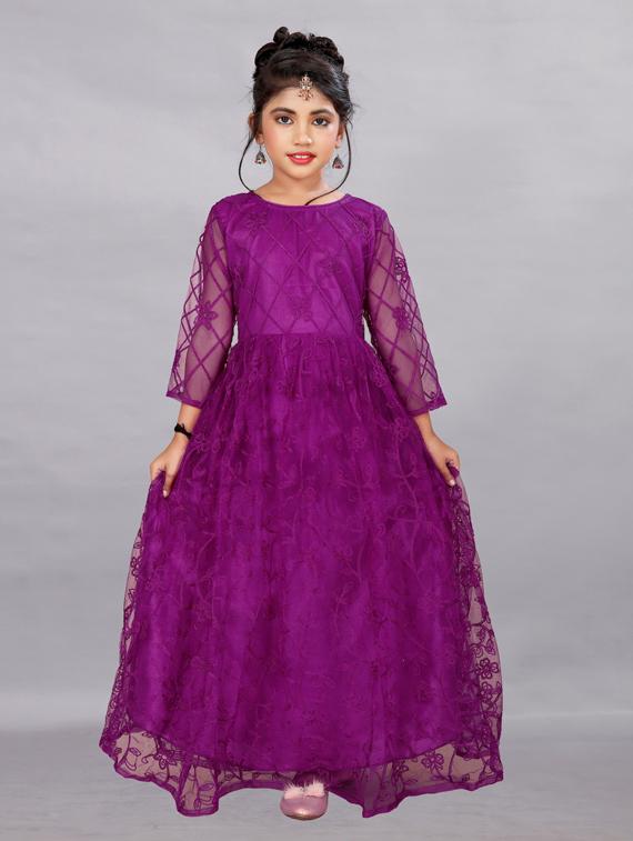 girls purple embroidered net party gown - 19877221 -  Zoom Image - 0