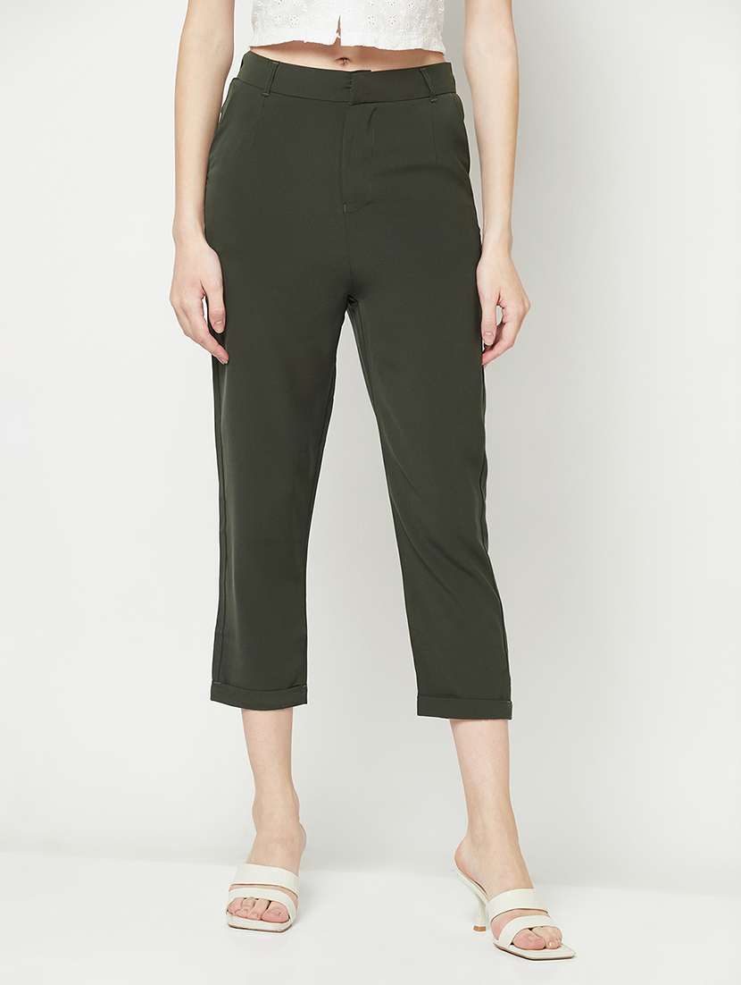 olive mid rise solid peg trouser