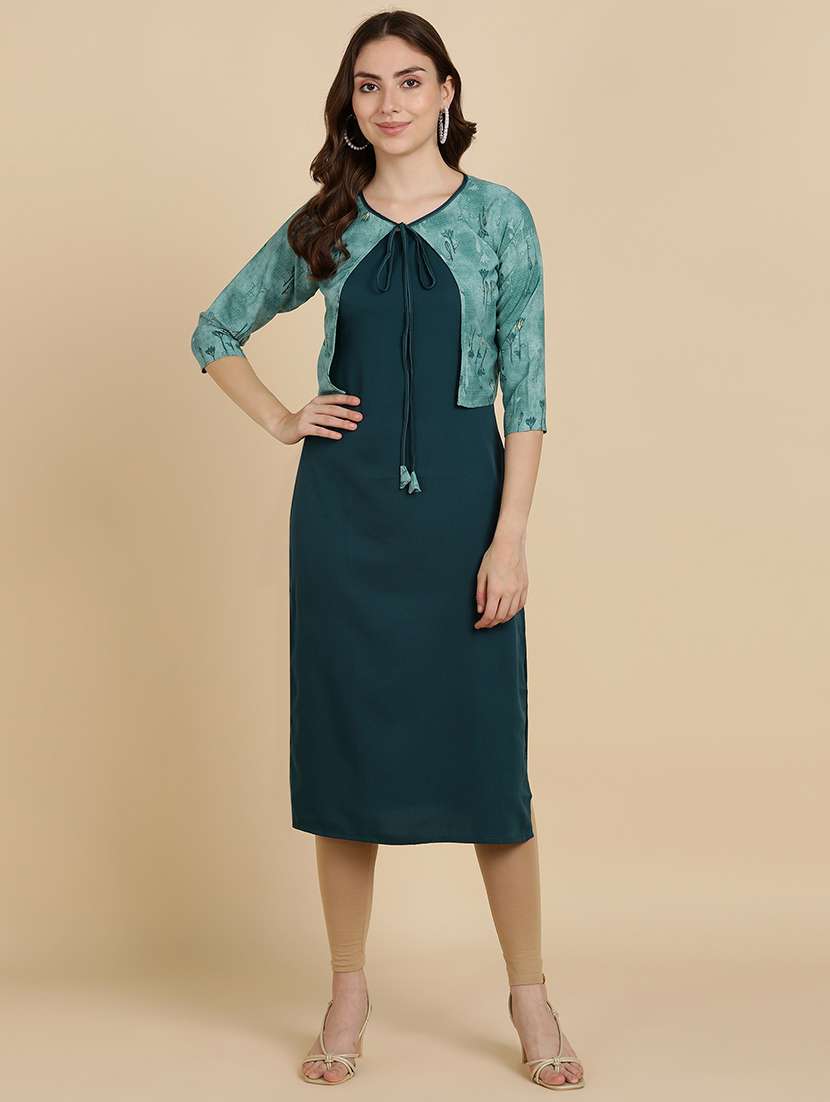 round neck printed kurta jacket set