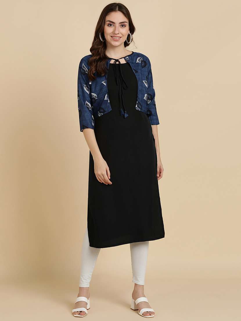 round neck printed kurta jacket set