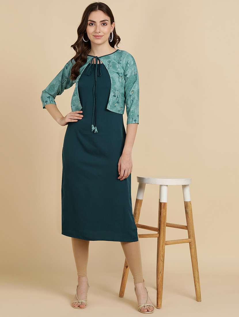 round neck printed kurta jacket set