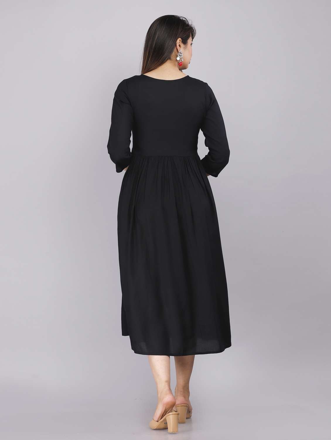 black solid rayon flared dress - 19883753 - Standard Image - 3