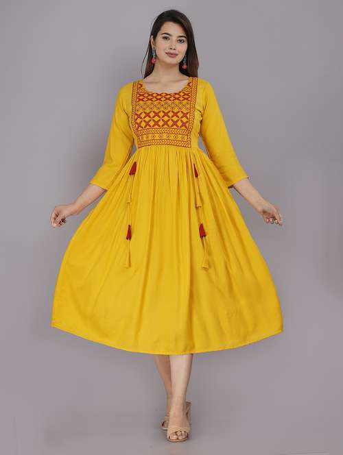 yellow rayon flared ethnic dress - 19883754 - Standard Image - 0