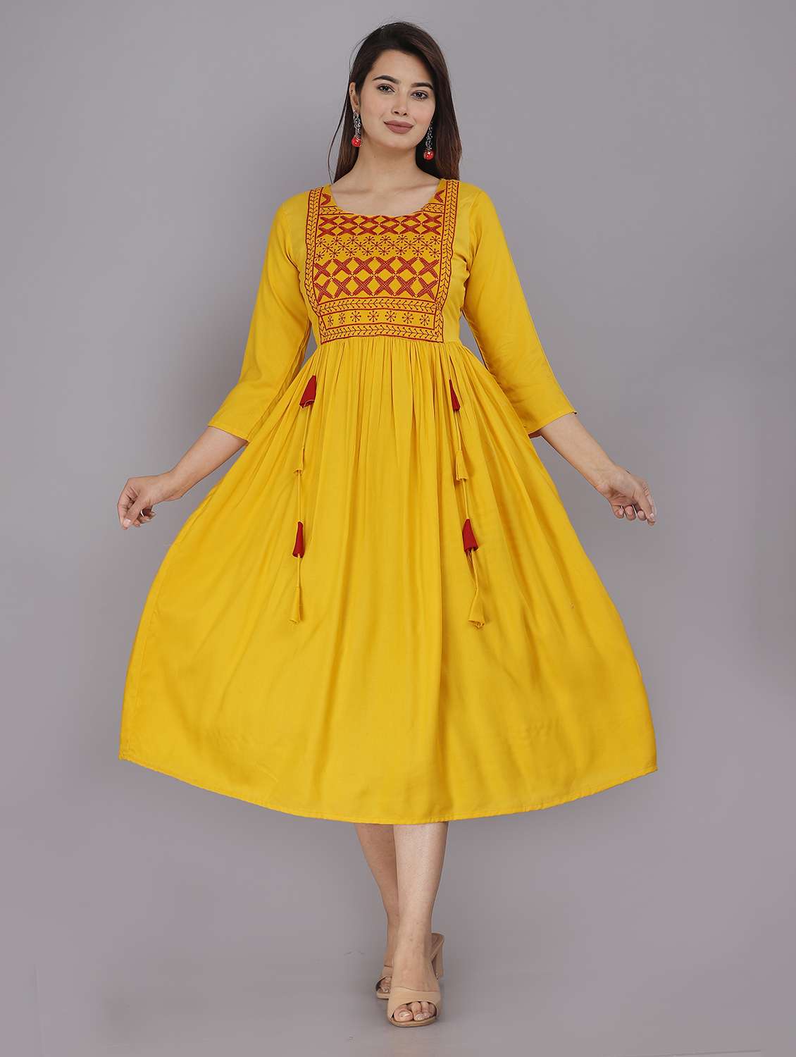 yellow rayon flared ethnic dress - 19883754 - Zoom Image - 0