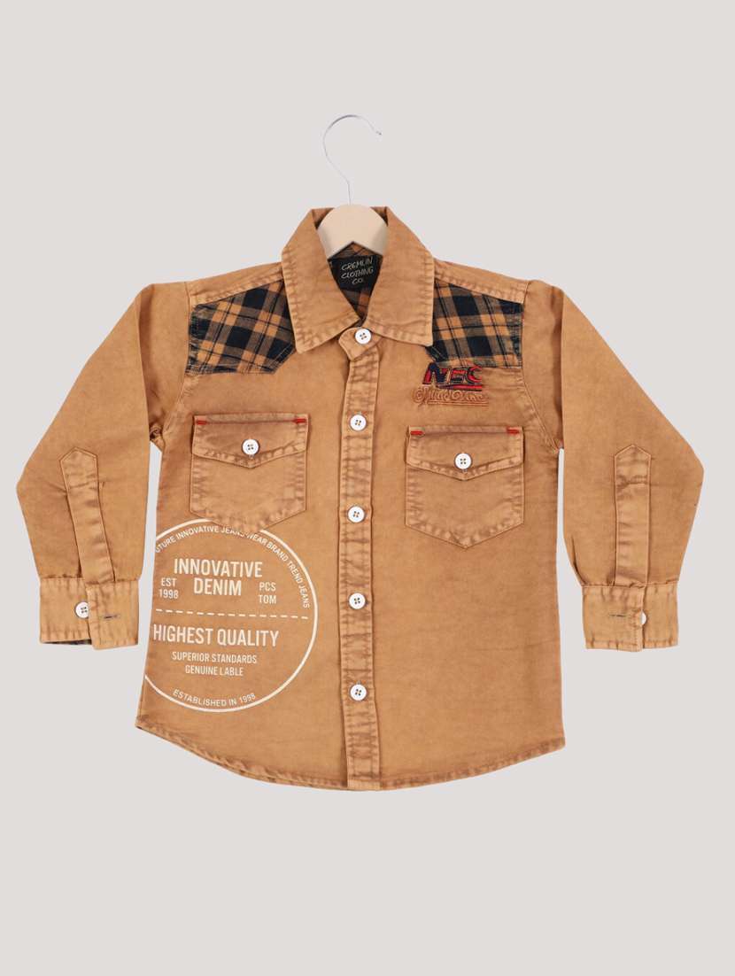 boys brown printed long sleeves denim shirt