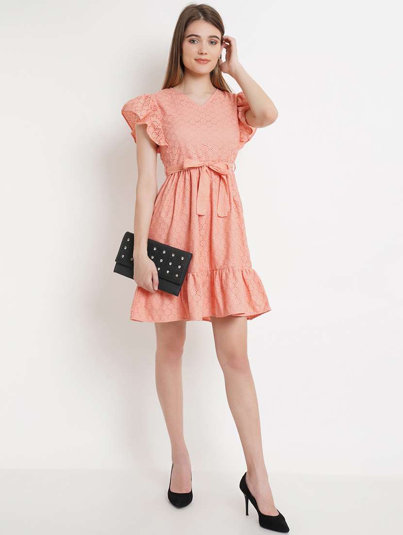 v neck schiffli work drop waist dress - 19891611 -  Standard Image - 3