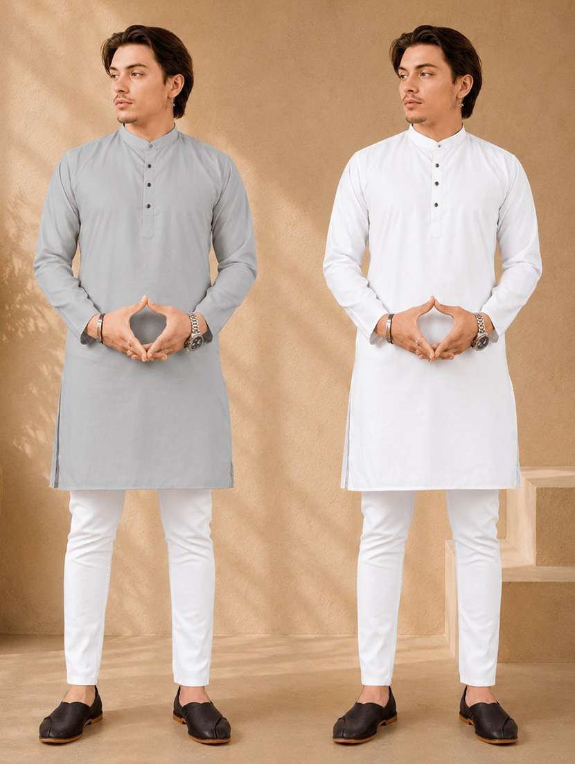 men pack of 2 solid kurta pyjama set