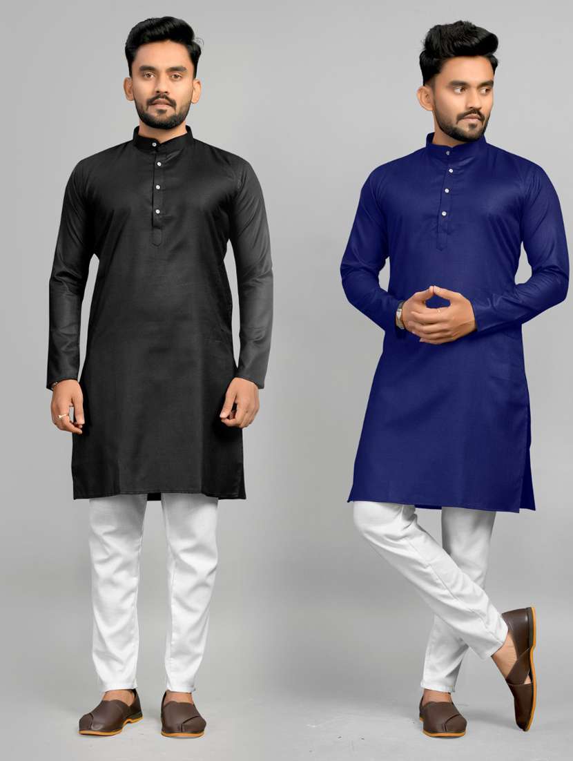 men pack of 2 solid mandarin neck long kurta