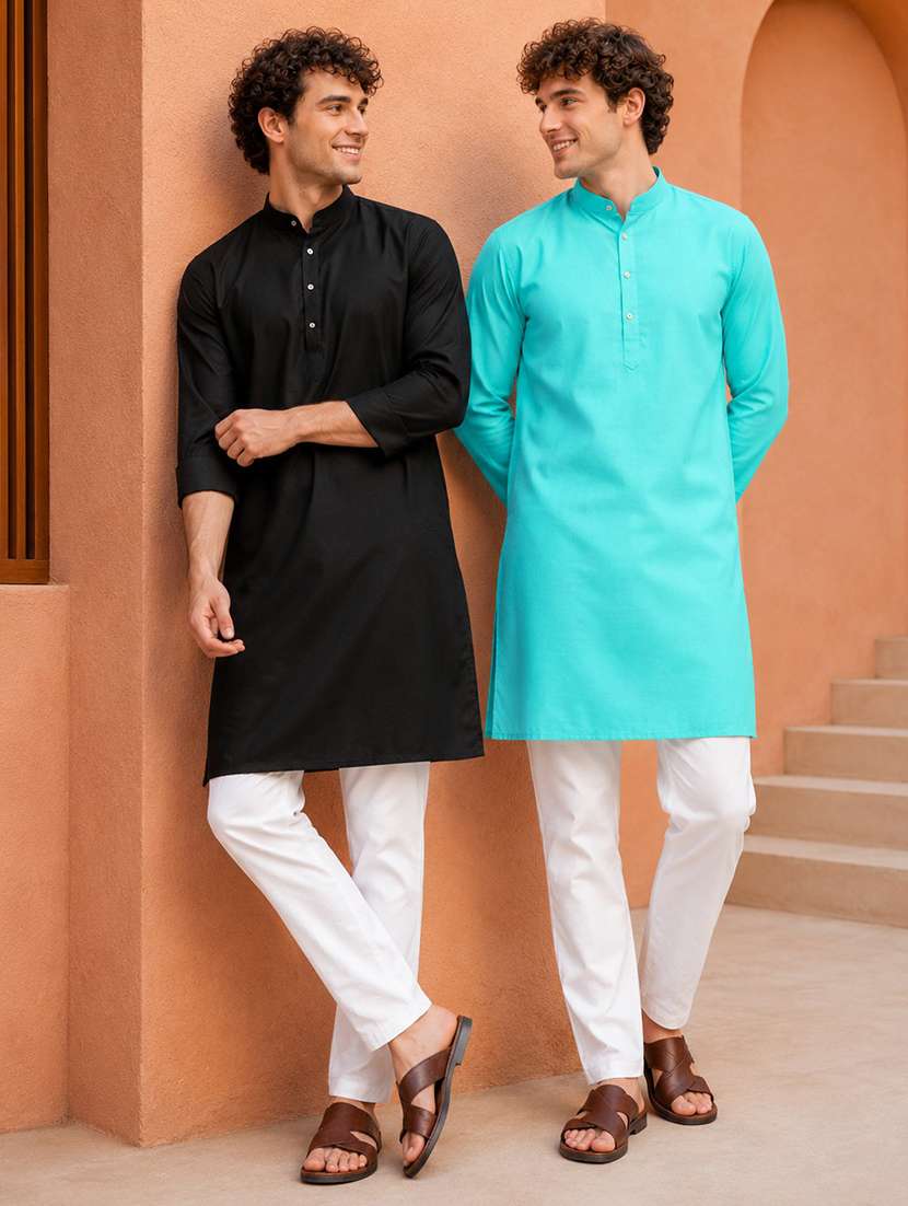 men pack of 2 solid mandarin neck long kurta