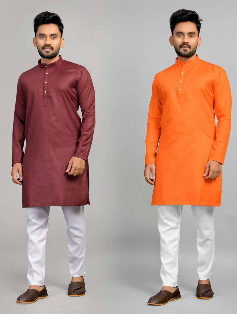 men pack of 2 solid mandarin neck long kurta