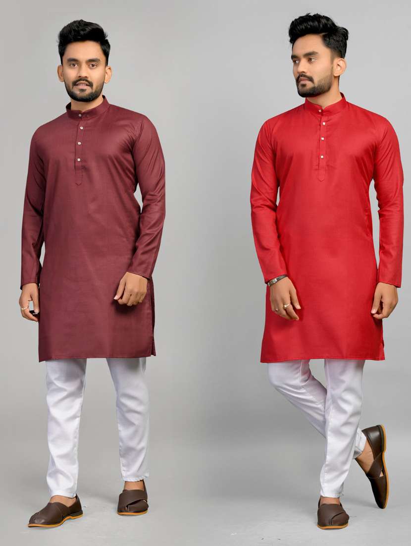 men pack of 2 solid mandarin neck long kurta