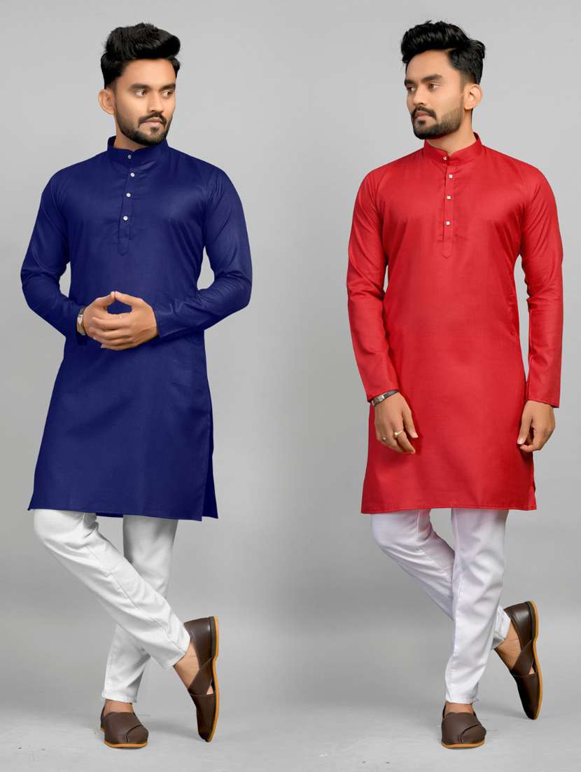 men pack of 2 solid mandarin neck long kurta