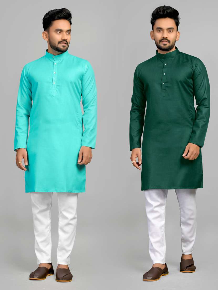 men pack of 2 solid mandarin neck kurta