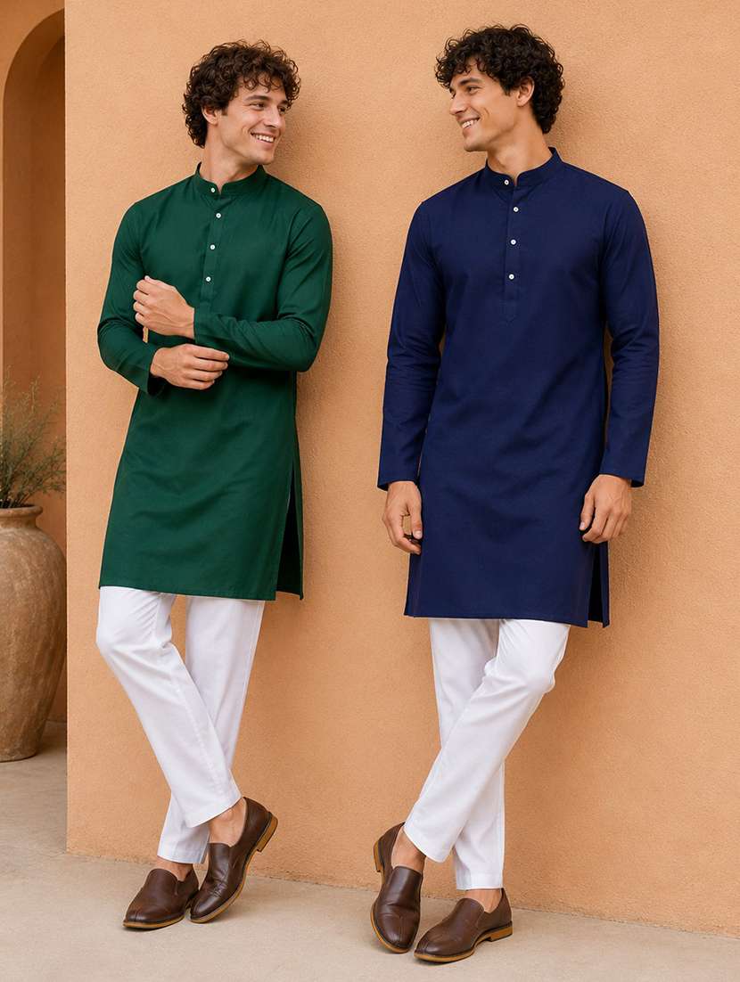 men pack of 2 solid mandarin neck kurta