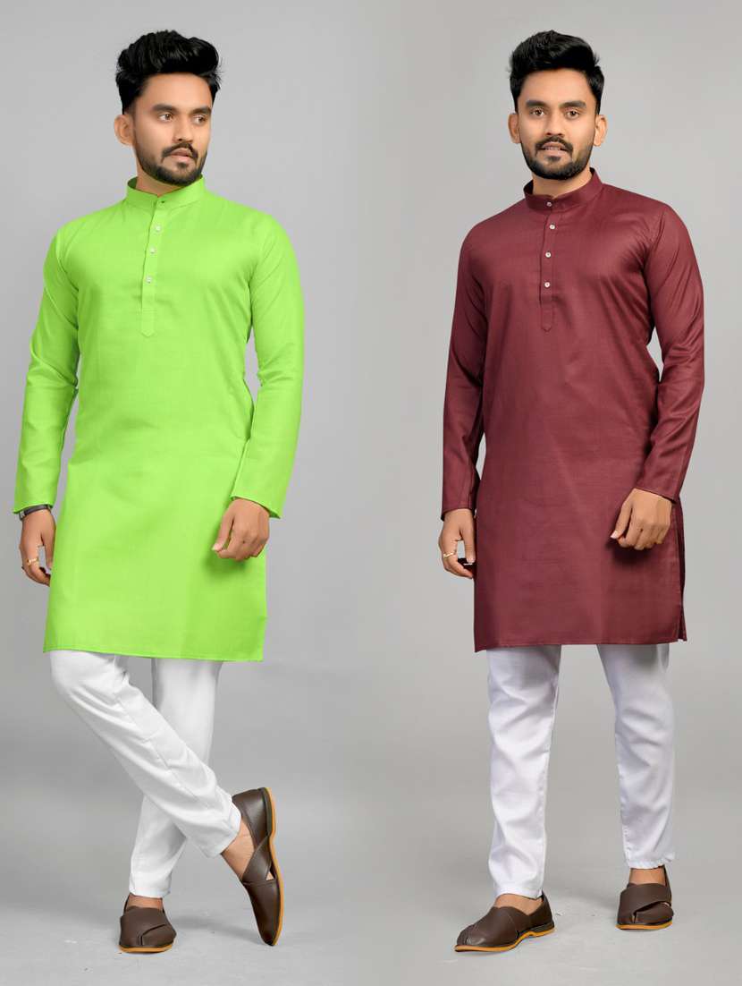 men pack of 2 solid mandarin neck kurta