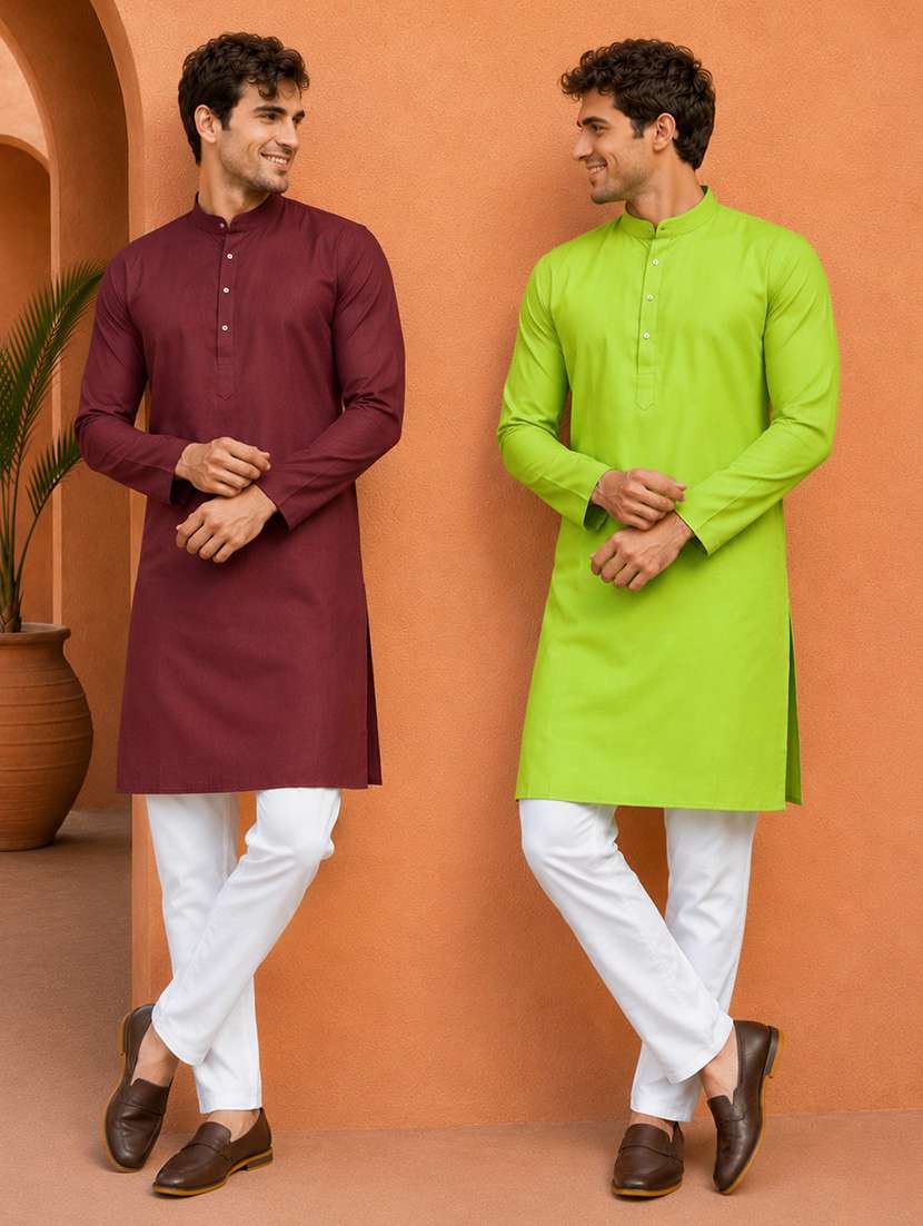 men pack of 2 solid mandarin neck kurta