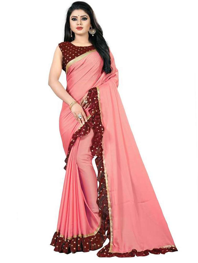 women's bordered peach colored saree with blouse - 19896577 - Zoom Image - 0