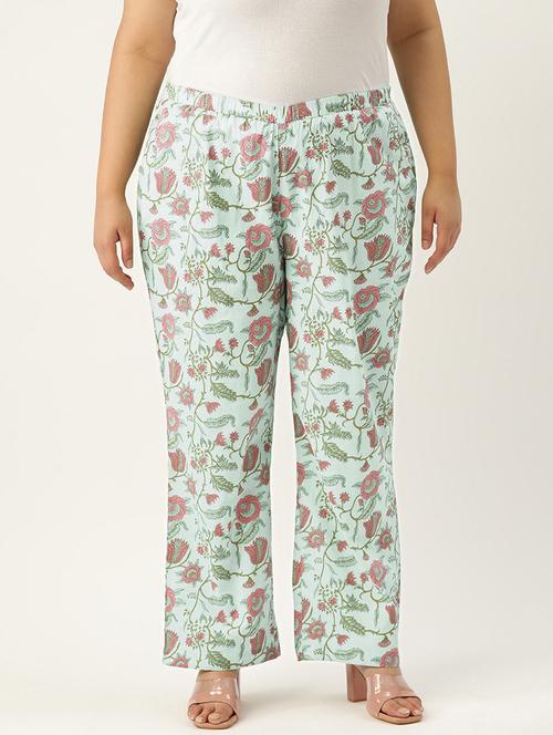 green printed cotton plus trouser - 19896876 -  Standard Image - 0