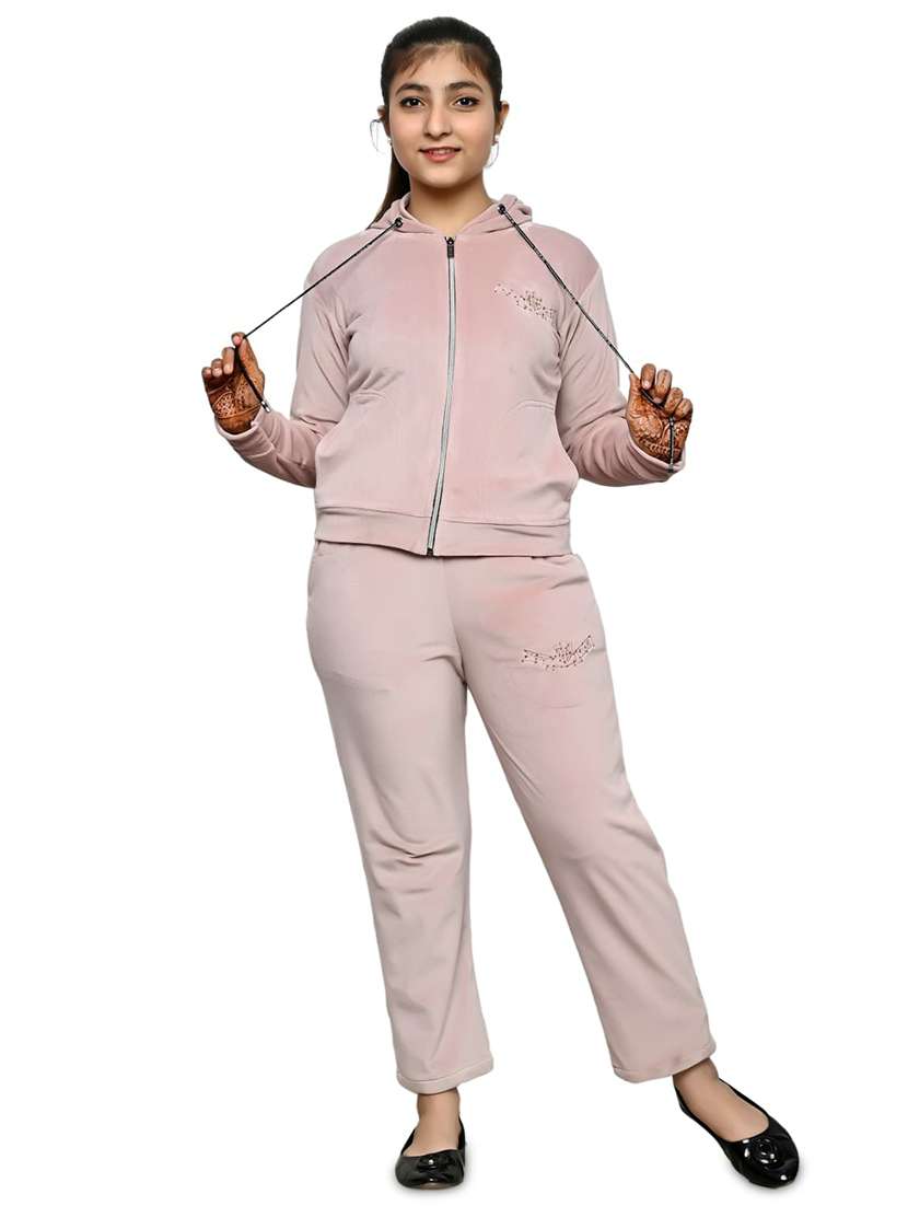 girls pink solid full length twin sets 