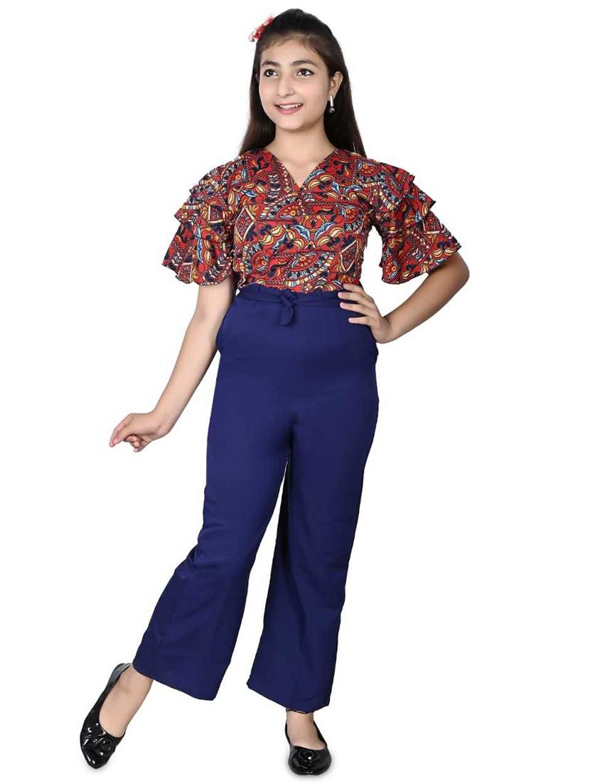 red bell sleeves printed full length jumpsuit