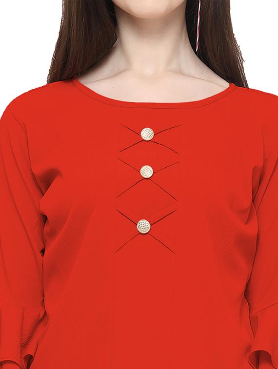 red solid round neck bell sleeves regular top - 19899941 - Standard Image - 3