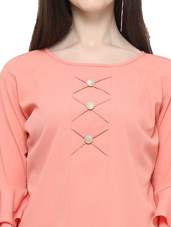 peach solid round neck bell sleeves regular top - 19899943 - Standard Image - 3