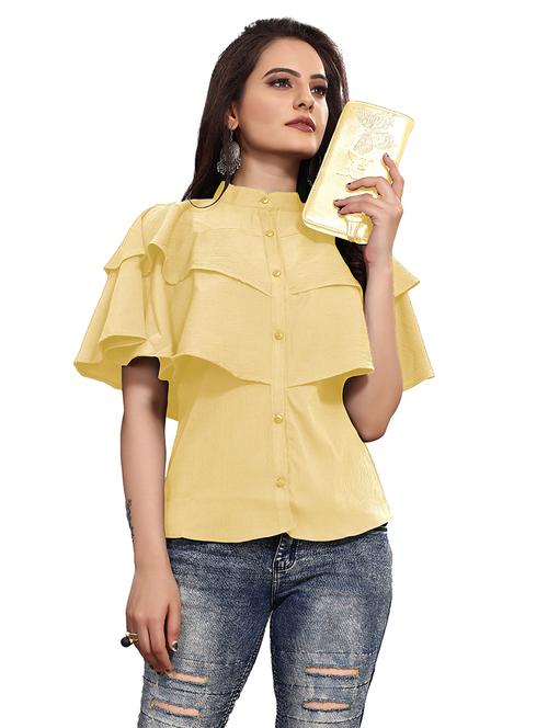 yellow solid mandarin neck cape sleeves regular top - 19900003 -  Standard Image - 0