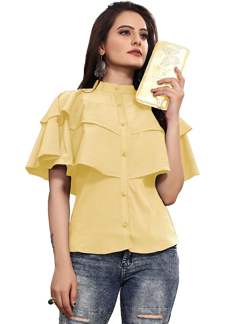 yellow solid mandarin neck cape sleeves regular top - 19900004 - Zoom Image - 0