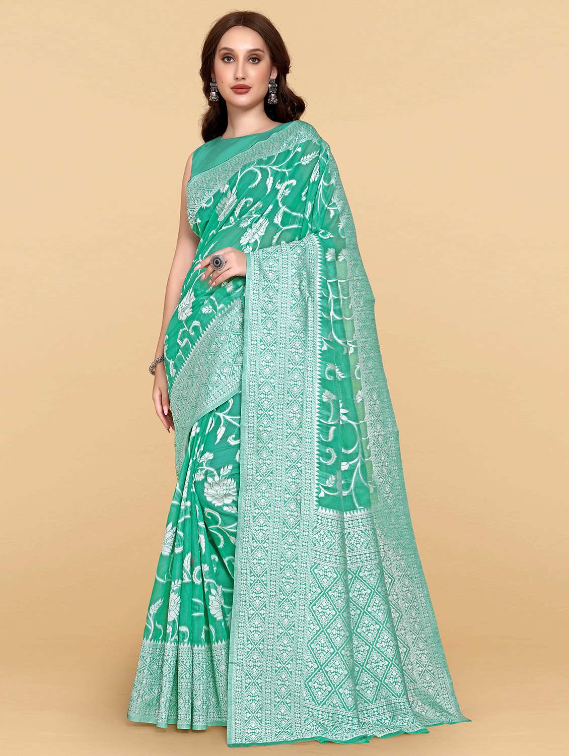 light green printed jamdani saree