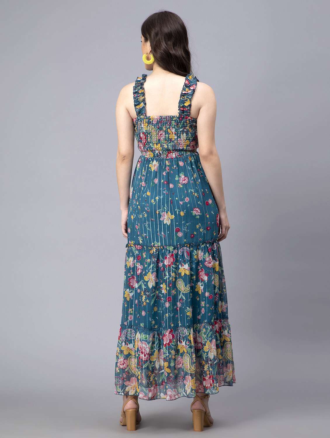 Women Floral Printed Sleeveless Tiered Dress