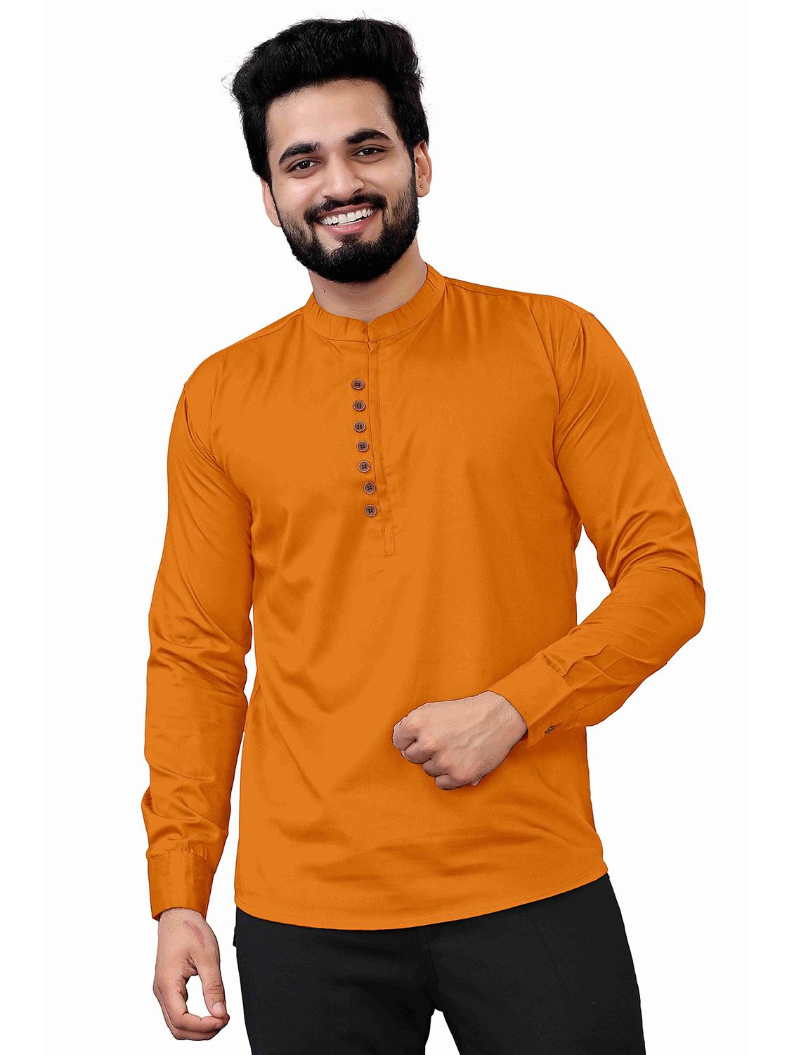 orange cotton blend short kurta - 19907484 -  Zoom Image - 0