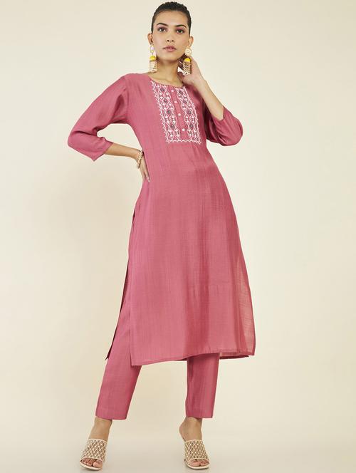 women pink round neck kurta pant set - 19907495 - Standard Image - 0