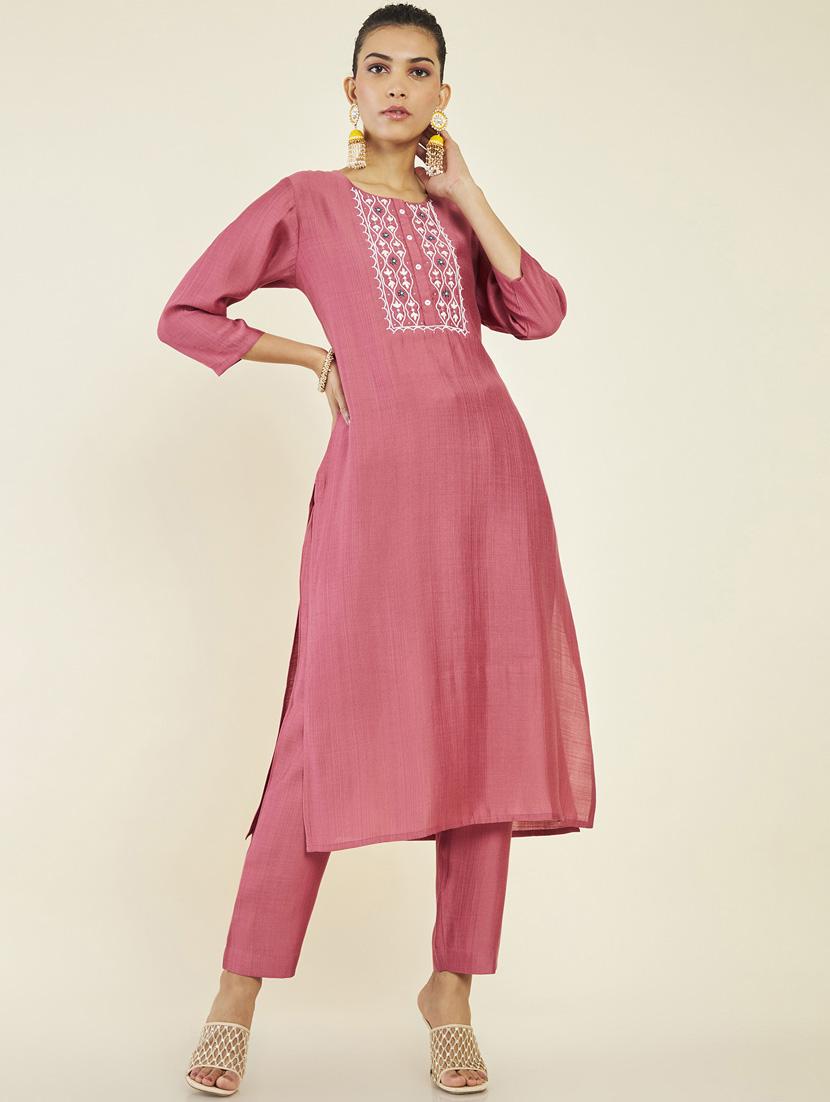 women pink round neck kurta pant set - 19907495 - Zoom Image - 0